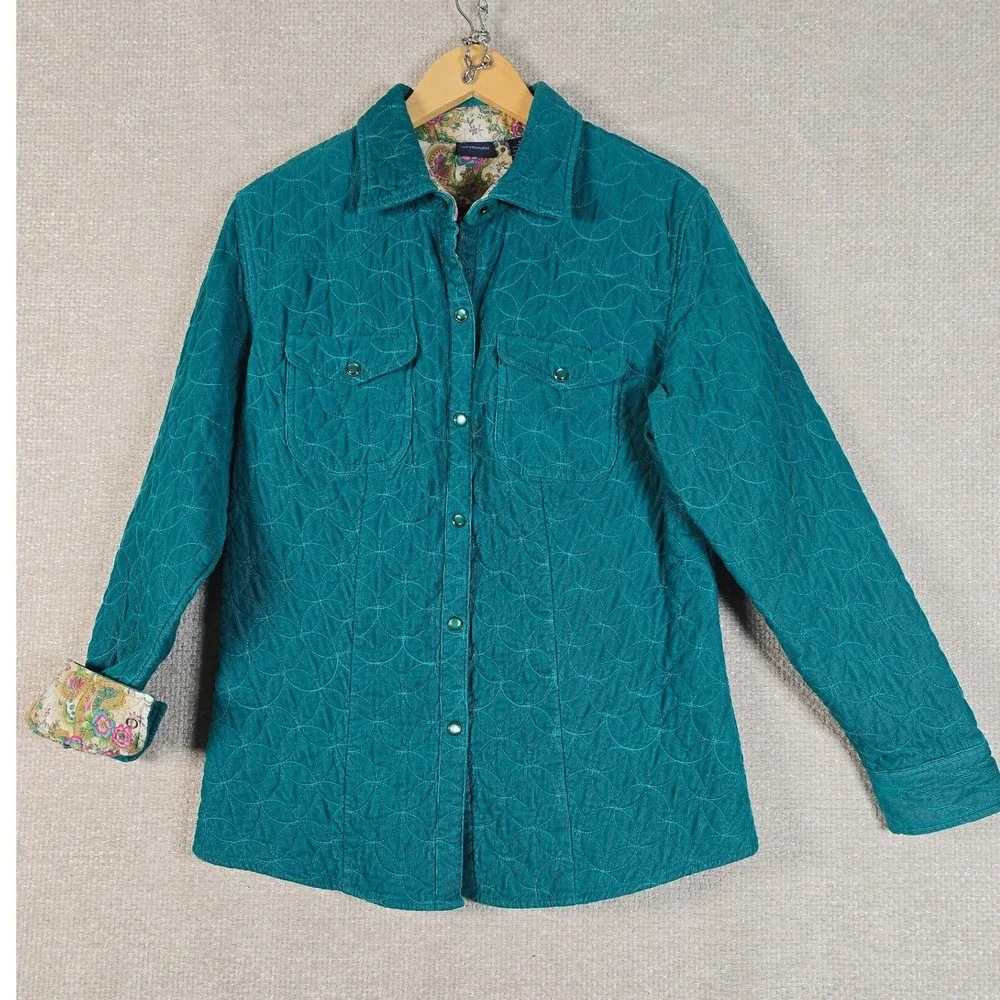 Westbound Womens M Teal Quilted Corduroy Button Front Jacket Paisley Cuff Lining